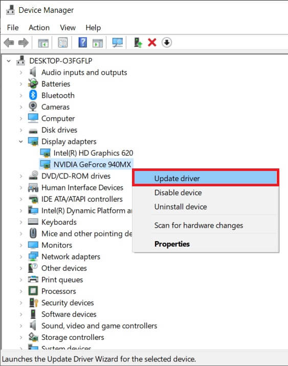 Right-click-on-your-Nvidia-graphics-card-and-select-Update-Driver إصلاح رمز خطأ 0x0003 على Geforce Experience