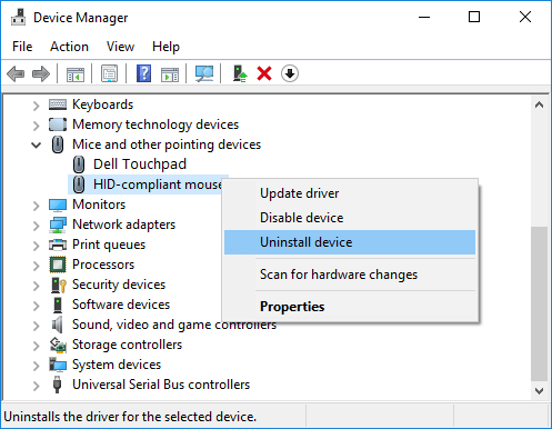 Right-click-on-your-other-mouse-devices-other-than-touchpad-and-select-Uninstall 7 طرق لإصلاح عدم عمل لوحة اللمس من Dell