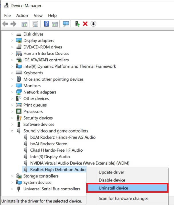 Right-click-on-your-primary-Audio-device-and-select-Uninstall-device إصلاح رسالة استخدام CPU عالي Audio Device Graph Isolation high CPU usage