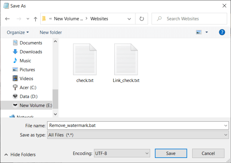 Save-the-bat-file-as-watermark.bat-and-save-as-type-as-All-files-768x543-1 إزالة العلامة المائية لتفعيل Windows 10 بشكل دائم