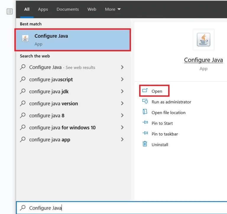 Search-for-Configure-Java-and-press-enter-to-open-768x721-1 كيفية تشغيل ملفات JAR على نظام التشغيل Windows 10
