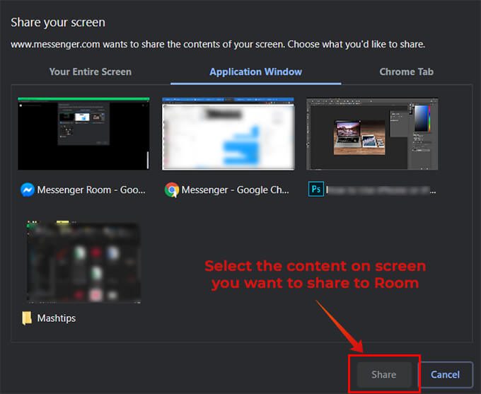 Select-the-Content-and-Share-Your-Screen-on-Messenger-Rooms كيفية استخدام Facebook Messenger Rooms لعقد مؤتمرات الفيديو