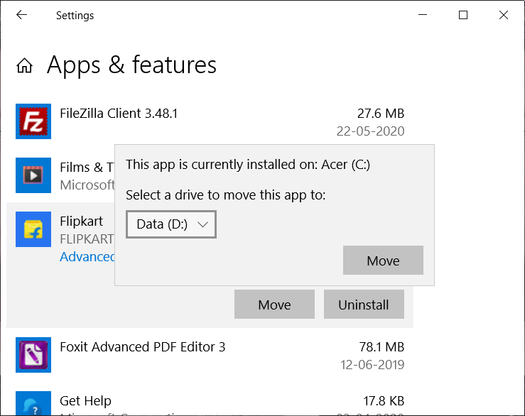 Select-the-drive-where-you-want-to-move-the-selected-app-1 كيفية نقل البرامج المثبتة إلى محرك أقراص آخر في Windows 10
