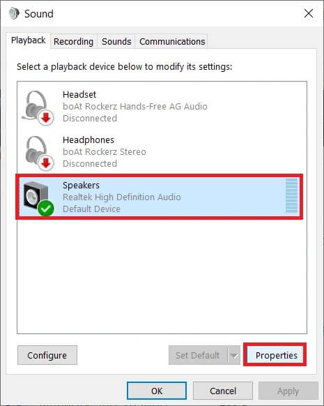 Select-your-primary-default-playback-device-and-click-on-the-Properties إصلاح رسالة استخدام CPU عالي Audio Device Graph Isolation high CPU usage