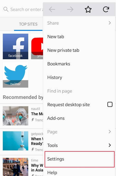 Select-“Settings”-from-the-drop-down-menu كيفية حذف سجل محفوظات المتصفح على Android