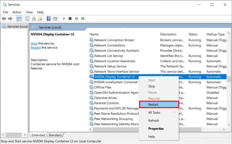 Simply-right-click-on-a-service-and-select-Restart-from-the-options-menu-768x478-1 إصلاح رمز خطأ 0x0003 على Geforce Experience