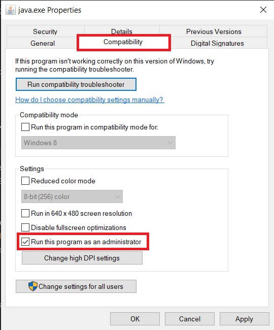 Switch-over-to-the-Compatibility-tab-and-tick-the-box-next-to-Run-this-program-as-an-Administrator كيفية تشغيل ملفات JAR على نظام التشغيل Windows 10