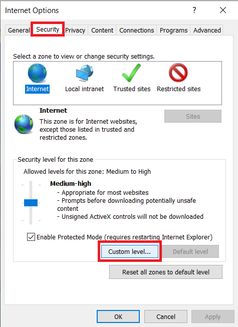 Switch-to-the-Security-tab-and-click-on-the-Custom-level..-button كيفية إصلاح خطأ javascript:void(0)