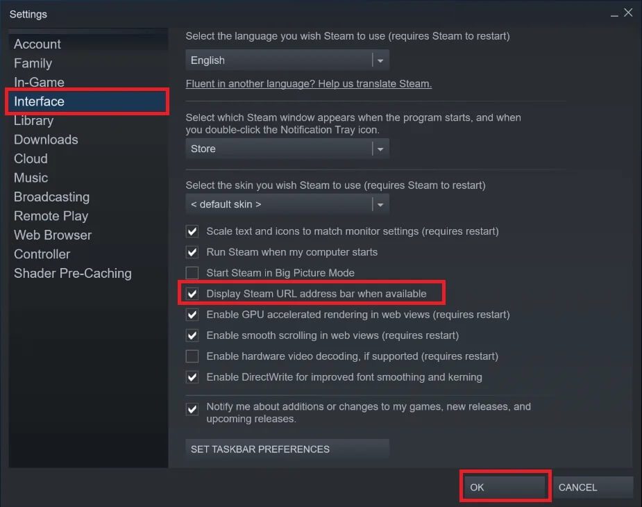 Tick-the-box-next-to-‘Display-Steam-URL-address-bar-when-available’-and-click-on-the-Ok الوصول بسرعة إلى مجلد لقطة شاشة Steam على Windows 10
