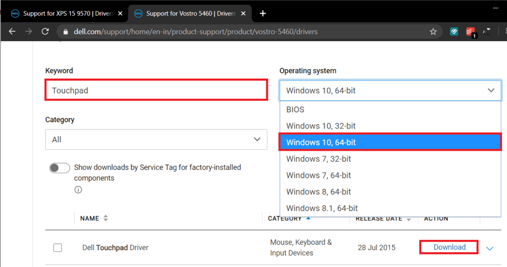 Type-Touchpad-in-the-textbox-and-select-your-OS-system-architecture-1024x540-1 7 طرق لإصلاح عدم عمل لوحة اللمس من Dell
