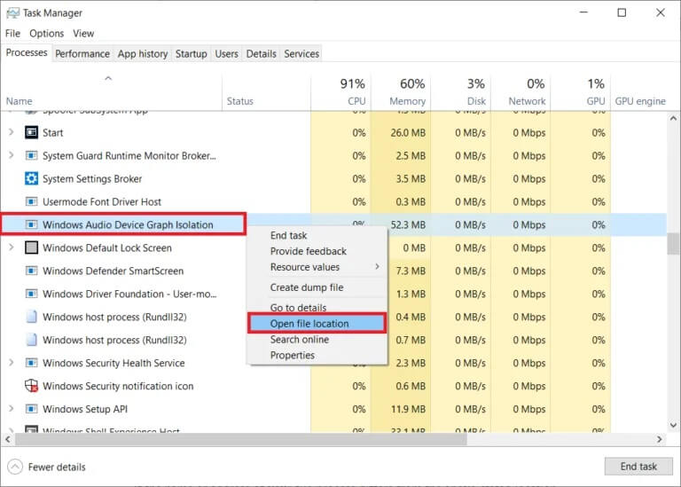 Under-the-Processes-tab-locate-the-Windows-Audio-Device-Graph-Isolation-process-and-select-Open-file-location-768x549-1 إصلاح رسالة استخدام CPU عالي Audio Device Graph Isolation high CPU usage