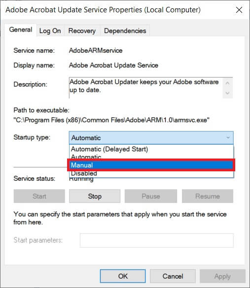 Under-the-general-tab-click-on-the-drop-down-menu-next-to-Startup-type-and-select-Manual كيفية تعطيل Adobe AcroTray.exe عند بدء التشغيل