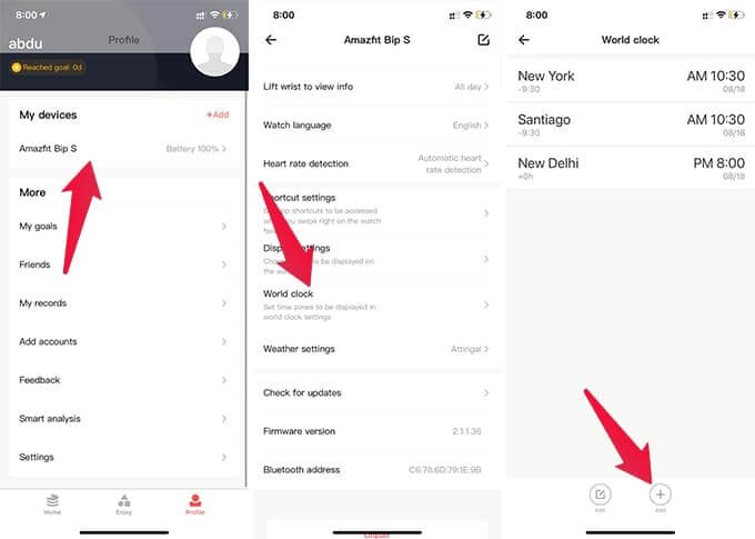 Amazfit-Bip-World-Clock-Adding-Multiple-Time-Zone كيفية الحصول على توقيت ساعات عالمية ذات مناطق زمنية متعددة في Amazfit Bip