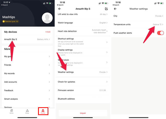 Change-Celsius-to-Fahrenheit-on-Amazfit-Bip-Using-Amazfit-App كيفية تغيير درجة مئوية إلى فهرنهايت على تطبيق الطقس Amazfit Bip