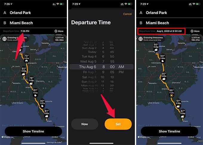 Change-Departure-Time-on-Weather-Along-the-Route-App كيفية الحصول على تنبؤات الطقس على طول الطريق على iPhone
