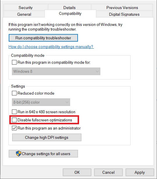 Check-the-box-next-to-the-‘Disable-fullscreen-optimizations’-and-tap-on-the-‘Apply’-button إصلاح لم يتم تشغيل Dragon Age Inquisition على Windows 10