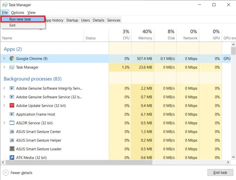 Click-on-File-at-the-top-left-of-the-Task-Manager-window-and-then-select-Run-New-Task-768x587-1 7 طرق لإصلاح عرض شريط المهام في وضع ملء الشاشة