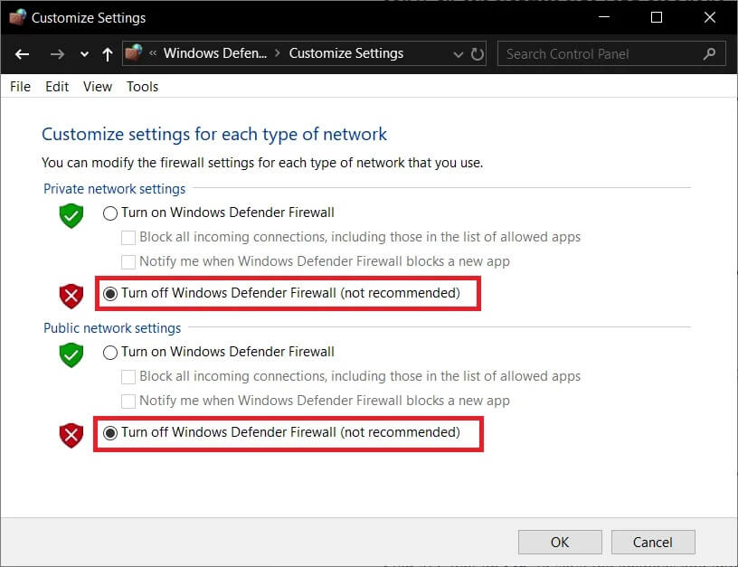 Click-on-Turn-off-Windows-Defender-Firewall-not-recommended إصلاح أخطاء خدمة Steam عند تشغيل Steam