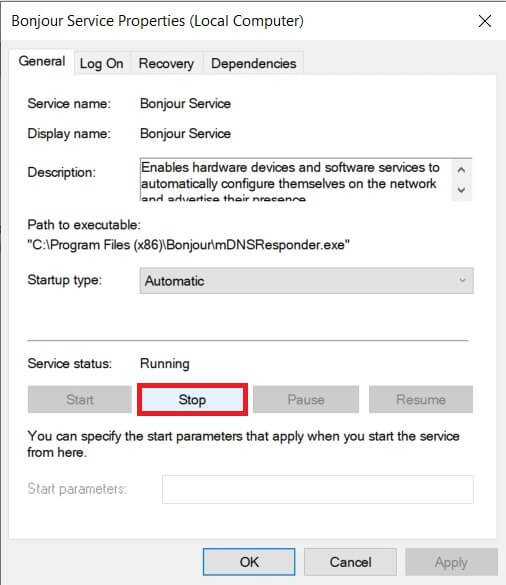 Click-on-the-Stop-button-under-the-Service-status-label ما هي خدمة Bonjour على نظام التشغيل Windows 10؟