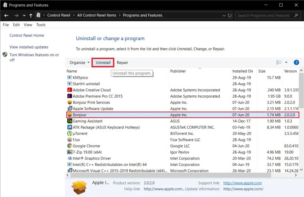 Click-on-the-Uninstall-button-at-the-top-to-uninstall-the-Bonjour-application-1024x664-1 ما هي خدمة Bonjour على نظام التشغيل Windows 10؟