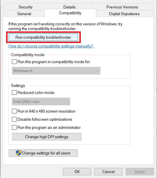 Click-on-the-‘Compatibility’-tab-and-Press-the-‘Run-Compatibility-Troubleshooter’-button-to-start-the-process إصلاح لم يتم تشغيل Dragon Age Inquisition على Windows 10