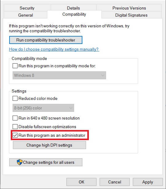 Click-on-the-‘Compatibility’-tab.-Then-check-the-box-next-to-‘Run-this-program-as-an-administrator’ إصلاح لم يتم تشغيل Dragon Age Inquisition على Windows 10
