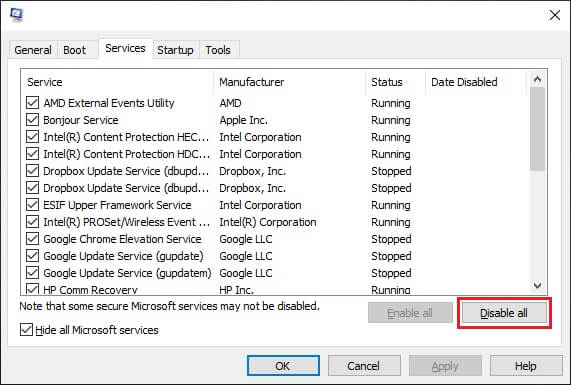 Click-on-the-‘Disable-All’-button-to-stop-all-the-third-party-services إصلاح لم يتم تشغيل Dragon Age Inquisition على Windows 10