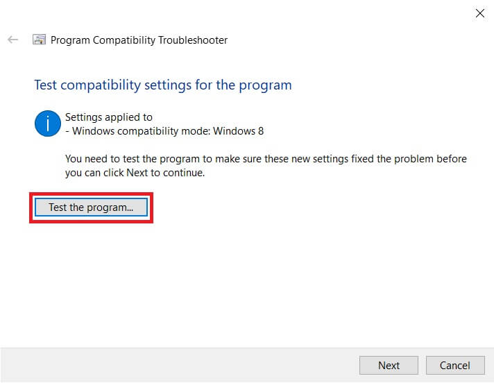 Click-on-‘Test-the-program’ إصلاح لم يتم تشغيل Dragon Age Inquisition على Windows 10