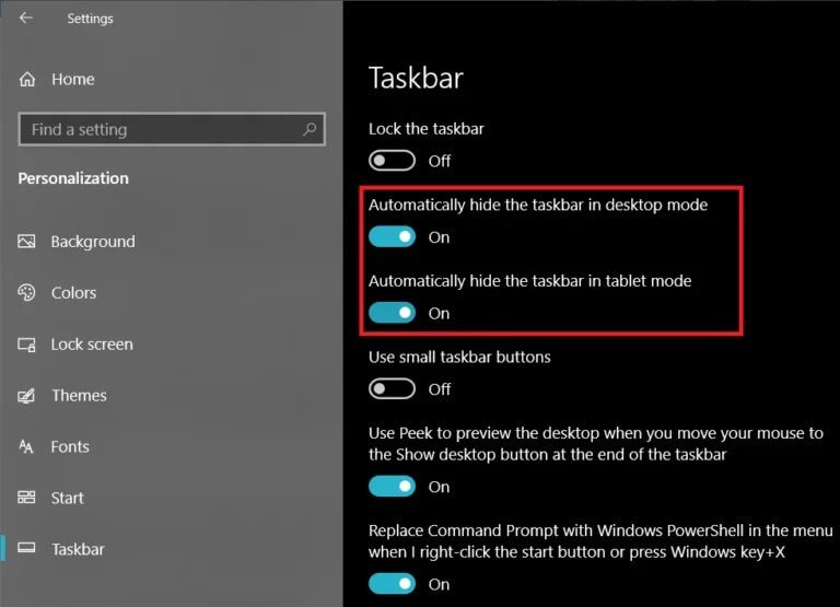 Enable-both-the-optionsautomatically-hide-by-clicking-on-their-respective-toggle-switches-768x555-1 7 طرق لإصلاح عرض شريط المهام في وضع ملء الشاشة