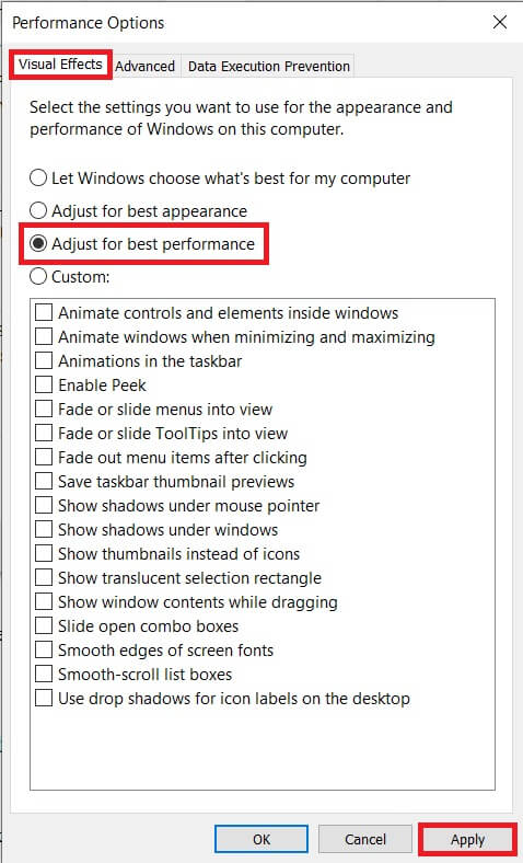 Ensure-you-are-on-the-Visual-effects-tab-and-then-select-the-Adjust-for-best-performance 7 طرق لإصلاح عرض شريط المهام في وضع ملء الشاشة