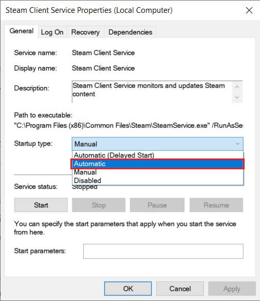 Expand-the-drop-down-menu-next-to-the-Startup-type-label-by-clicking-on-it-and-select-Automatic إصلاح أخطاء خدمة Steam عند تشغيل Steam