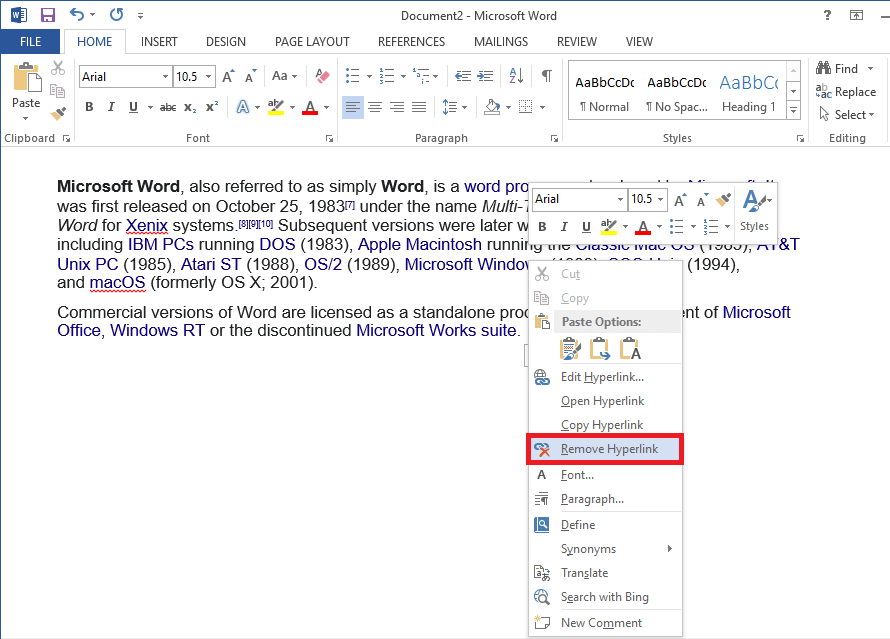 From-the-options-menu-click-on-Remove-Hyperlink 5 طرق لإزالة الارتباطات التشعبية من مستندات Microsoft Word