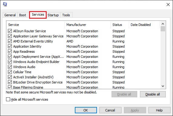 In-System-Configuration-window-click-on-the-‘Services’-tab إصلاح لم يتم تشغيل Dragon Age Inquisition على Windows 10