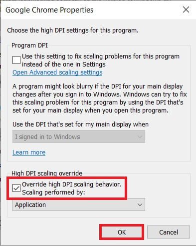 In-the-following-window-check-the-box-next-to-Override-high-DPI-scaling-behavior 7 طرق لإصلاح عرض شريط المهام في وضع ملء الشاشة