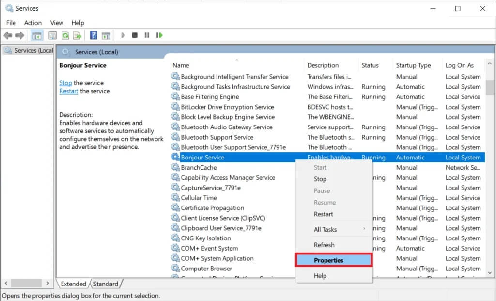 Locate-the-Bonjour-service-and-right-click-on-it-then-click-on-Properties-1024x621-1 ما هي خدمة Bonjour على نظام التشغيل Windows 10؟