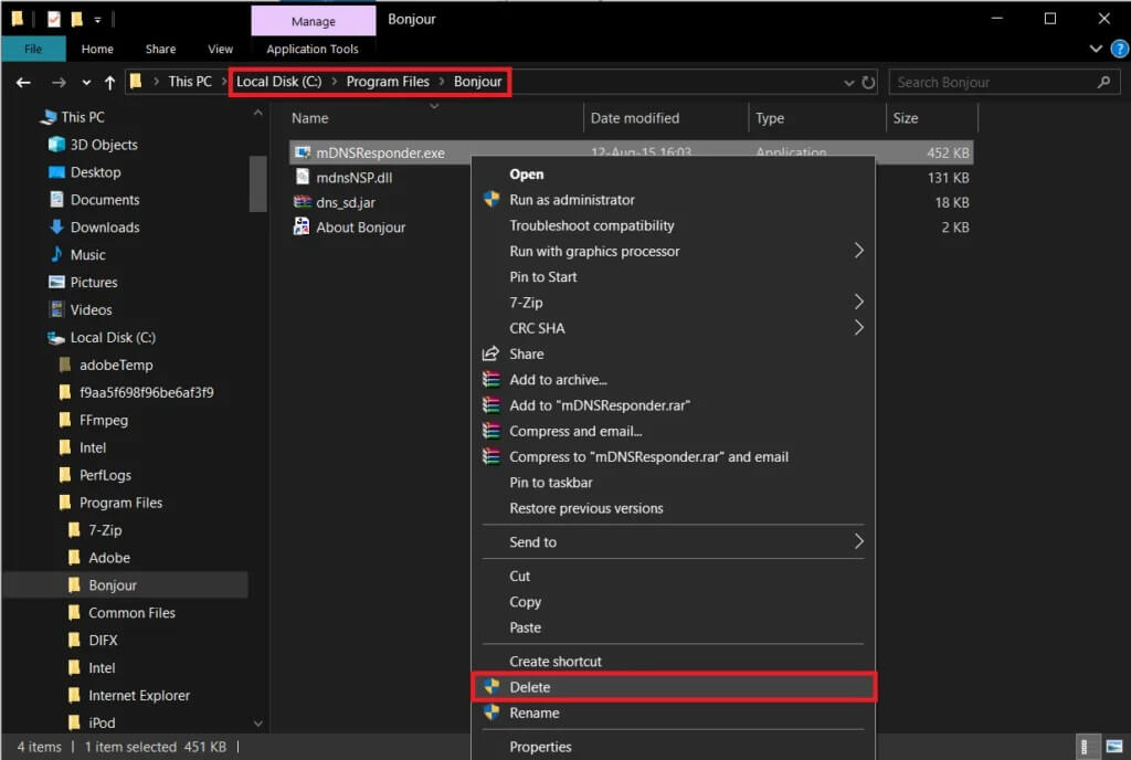Locate-the-“mDNSResponder.exe”-file-in-the-Bonjour-application-and-select-Delete-1024x688-1 ما هي خدمة Bonjour على نظام التشغيل Windows 10؟