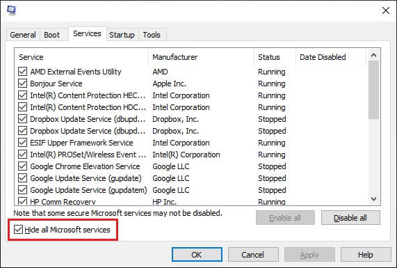 Now-check-the-box-next-to-‘Hide-all-Microsoft-Services’ إصلاح لم يتم تشغيل Dragon Age Inquisition على Windows 10