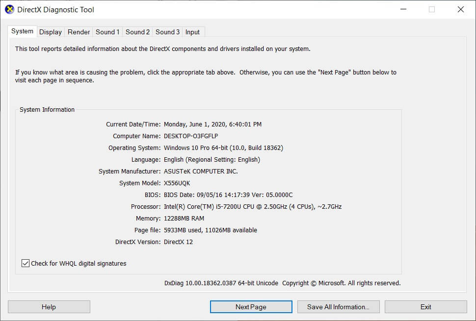 Open-the-‘DirectX-Diagnostic-Tool’-window-and-click-on-NextPage إصلاح لم يتم تشغيل Dragon Age Inquisition على Windows 10