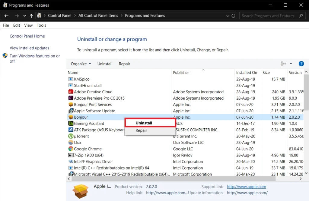 Right-click-on-Bonjour-and-then-select-Uninstall-1024x664-1 ما هي خدمة Bonjour على نظام التشغيل Windows 10؟
