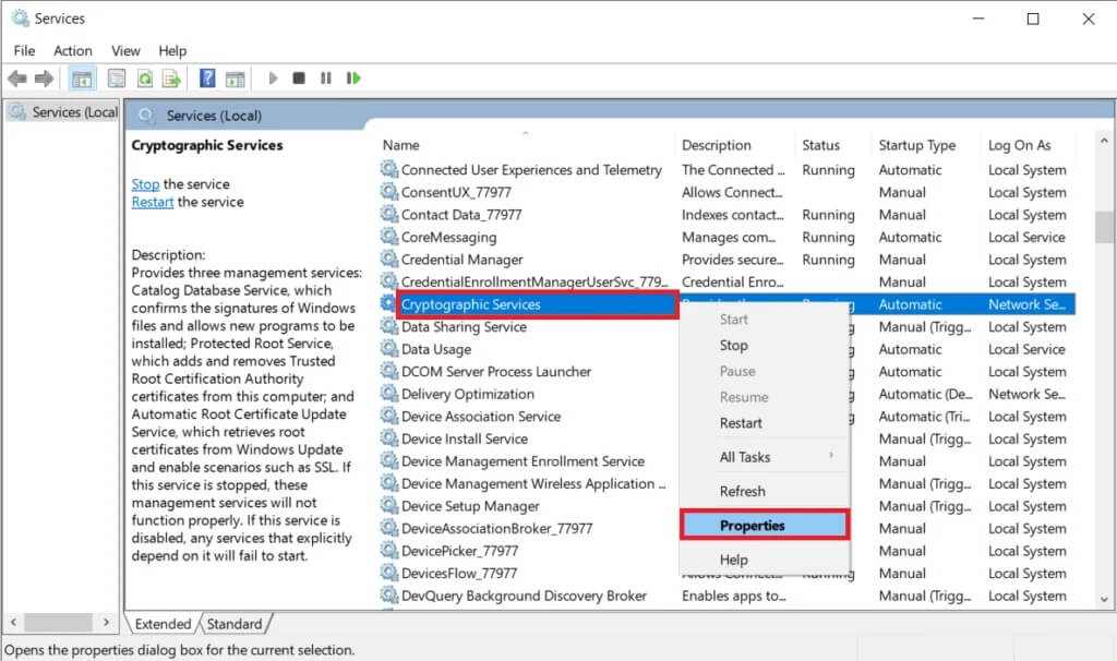 Right-click-on-Cryptographic-Services-and-select-Properties-1024x606-1 إصلاح أخطاء خدمة Steam عند تشغيل Steam