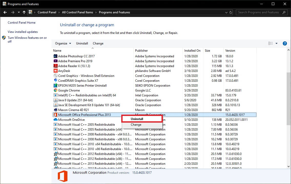 Right-click-on-Microsoft-Office-2010-or-Microsoft-Office-2013-and-select-Uninstall.-1 كيف تنقل Microsoft Office إلى كمبيوتر جديد؟