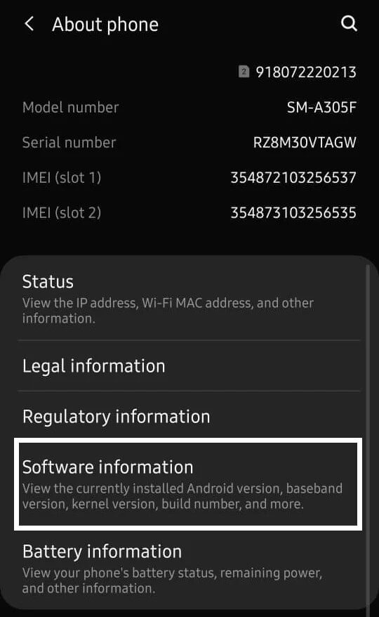 Select-Software-information-under-About-Phone تمكين أو تعطيل خيارات المطور على هاتف Android