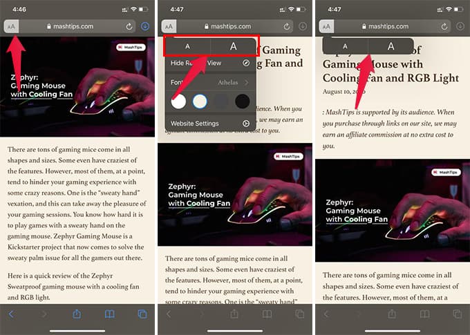 Zoom-Text-in-Safari-Reader-View-on-iPhone كيفية الحصول على عرض القارئ Reader View في Safari على iPhone وتخصيصه