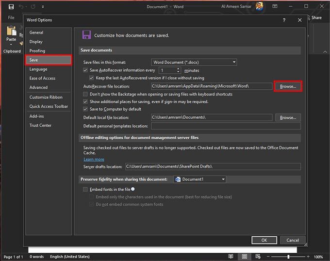 browse-auto-recovery-directory كيفية استرداد مستند Word غير المحفوظ في Windows 10