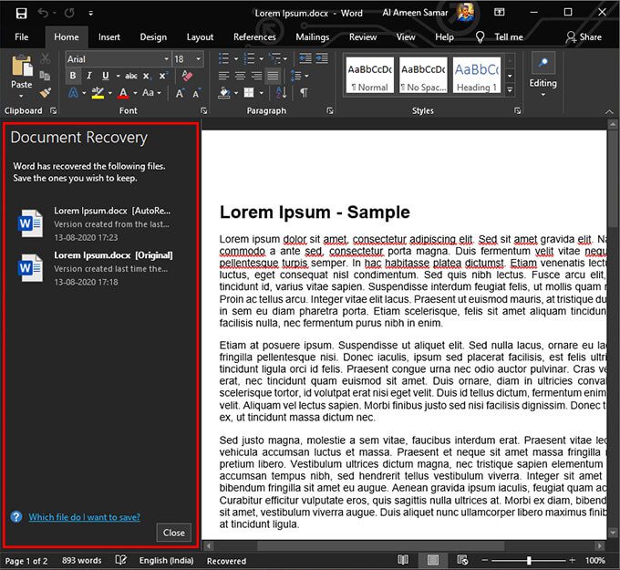 document-recovery-pane-ms-word كيفية استرداد مستند Word غير المحفوظ في Windows 10