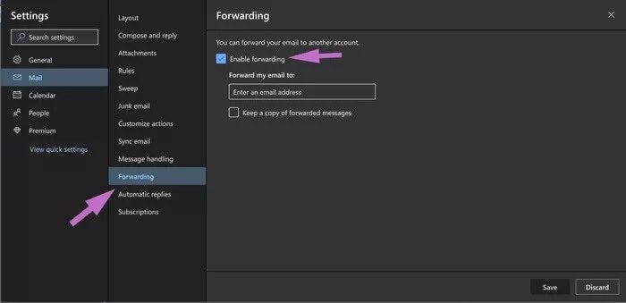 enable-forwarding_935adec67b324b146ff212ec4c69054f كيفية إعادة توجيه رسائل البريد الإلكتروني تلقائيًا في Outlook