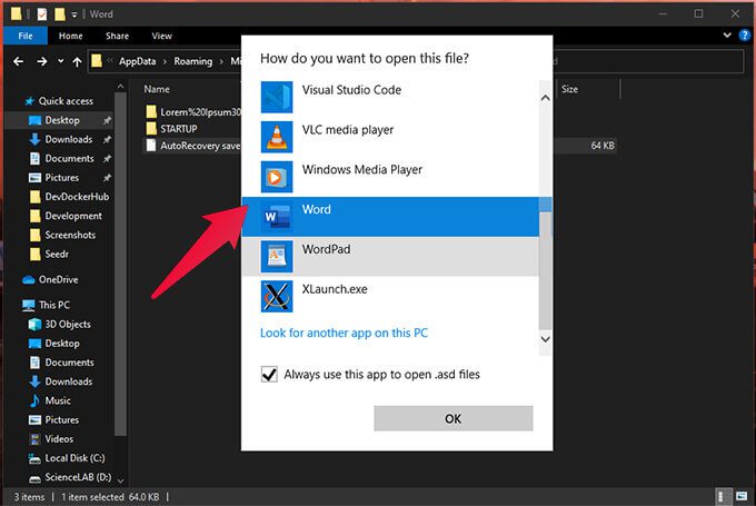open-asd-file-in-word كيفية استرداد مستند Word غير المحفوظ في Windows 10
