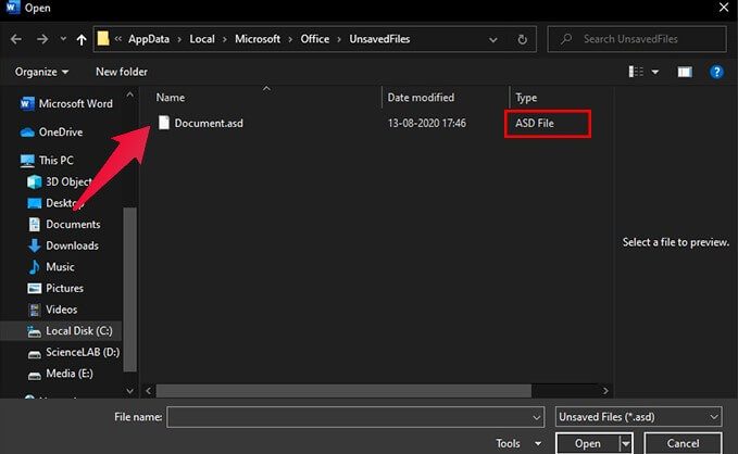 open-recovery-asd-file كيفية استرداد مستند Word غير المحفوظ في Windows 10