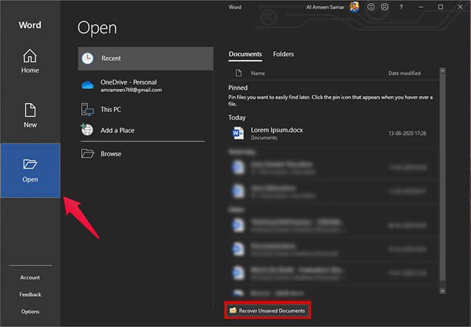 recover-unsaved-document-builtin-ms-word كيفية استرداد مستند Word غير المحفوظ في Windows 10