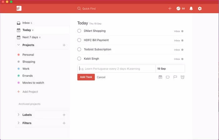 todoist-mac_935adec67b324b146ff212ec4c69054f أفضل 5 بدائل Things 3 لإدارة المهام على نظام macOS